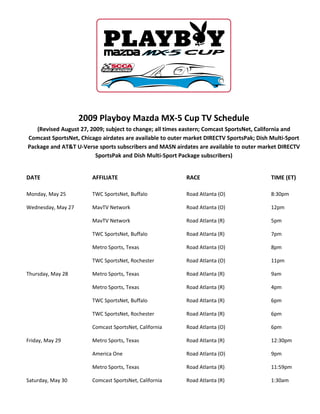 2009 Playboy Mazda MX-5 Cup TV Schedule
   (Revised August 27, 2009; subject to change; all times eastern; Comcast SportsNet, California and
Comcast SportsNet, Chicago airdates are available to outer market DIRECTV SportsPak; Dish Multi-Sport
Package and AT&T U-Verse sports subscribers and MASN airdates are available to outer market DIRECTV
                         SportsPak and Dish Multi-Sport Package subscribers)


DATE                   AFFILIATE                          RACE                            TIME (ET)

Monday, May 25         TWC SportsNet, Buffalo             Road Atlanta (O)                8:30pm

Wednesday, May 27      MavTV Network                      Road Atlanta (O)                12pm

                       MavTV Network                      Road Atlanta (R)                5pm

                       TWC SportsNet, Buffalo             Road Atlanta (R)                7pm

                       Metro Sports, Texas                Road Atlanta (O)                8pm

                       TWC SportsNet, Rochester           Road Atlanta (O)                11pm

Thursday, May 28       Metro Sports, Texas                Road Atlanta (R)                9am

                       Metro Sports, Texas                Road Atlanta (R)                4pm

                       TWC SportsNet, Buffalo             Road Atlanta (R)                6pm

                       TWC SportsNet, Rochester           Road Atlanta (R)                6pm

                       Comcast SportsNet, California      Road Atlanta (O)                6pm

Friday, May 29         Metro Sports, Texas                Road Atlanta (R)                12:30pm

                       America One                        Road Atlanta (O)                9pm

                       Metro Sports, Texas                Road Atlanta (R)                11:59pm

Saturday, May 30       Comcast SportsNet, California      Road Atlanta (R)                1:30am
 
