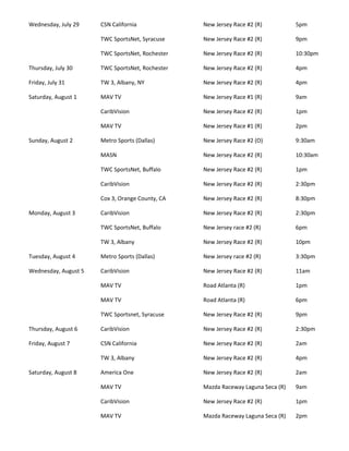 Wednesday, July 29    CSN California             New Jersey Race #2 (R)          5pm

                      TWC SportsNet, Syracuse    New Jersey Race #2 (R)          9pm

                      TWC SportsNet, Rochester   New Jersey Race #2 (R)          10:30pm

Thursday, July 30     TWC SportsNet, Rochester   New Jersey Race #2 (R)          4pm

Friday, July 31       TW 3, Albany, NY           New Jersey Race #2 (R)          4pm

Saturday, August 1    MAV TV                     New Jersey Race #1 (R)          9am

                      CaribVision                New Jersey Race #2 (R)          1pm

                      MAV TV                     New Jersey Race #1 (R)          2pm

Sunday, August 2      Metro Sports (Dallas)      New Jersey Race #2 (O)          9:30am

                      MASN                       New Jersey Race #2 (R)          10:30am

                      TWC SportsNet, Buffalo     New Jersey Race #2 (R)          1pm

                      CaribVision                New Jersey Race #2 (R)          2:30pm

                      Cox 3, Orange County, CA   New Jersey Race #2 (R)          8:30pm

Monday, August 3      CaribVision                New Jersey Race #2 (R)          2:30pm

                      TWC SportsNet, Buffalo     New Jersey race #2 (R)          6pm

                      TW 3, Albany               New Jersey Race #2 (R)          10pm

Tuesday, August 4     Metro Sports (Dallas)      New Jersey race #2 (R)          3:30pm

Wednesday, August 5   CaribVision                New Jersey Race #2 (R)          11am

                      MAV TV                     Road Atlanta (R)                1pm

                      MAV TV                     Road Atlanta (R)                6pm

                      TWC Sportsnet, Syracuse    New Jersey Race #2 (R)          9pm

Thursday, August 6    CaribVision                New Jersey Race #2 (R)          2:30pm

Friday, August 7      CSN California             New Jersey Race #2 (R)          2am

                      TW 3, Albany               New Jersey Race #2 (R)          4pm

Saturday, August 8    America One                New Jersey Race #2 (R)          2am

                      MAV TV                     Mazda Raceway Laguna Seca (R)   9am

                      CaribVision                New Jersey Race #2 (R)          1pm

                      MAV TV                     Mazda Raceway Laguna Seca (R)   2pm
 