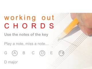 w o r k i n g o u t
C H O R D S
Use the notes of the key
Play a note, miss a note…
G A B C D E F#
D major
 