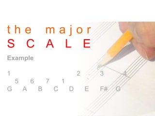 t h e m a j o r
S C A L E
Example
1 2 3 4
5 6 7 1
G A B C D E F# G
 