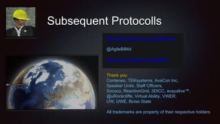 Subsequent Protocolls
http://www.linkedin.com/in/BillKrebs
@AgileBill4d
http://www.meetup.com/Agile3d
Thank you
Conteneo, TEKsystems, AvaCon Inc,
Speaker Units, Staff Officers,
Sococo, ReactionGrid, 3DICC, avayalive™,
@uRockcliffe, Virtual Ability, VWER,
UW, UWE, Boise State
All trademarks are property of their respective holders
 