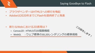 Saying Goodbye to Flash
• ブラウザベンダーはHTML5への移行を喚起
• Adobeは2020年までにFlashを提供終了と発表
• 新たなWebにおける2D表現は？
– Canvas2D : HTML5の2D描画機能
– WebGL : ウェブ標準の3D,2Dレンダリングの標準規格
 