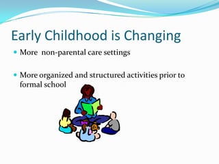 Early Childhood is Changing
More non-parental care settings
More organized and structured activities prior to
formal school