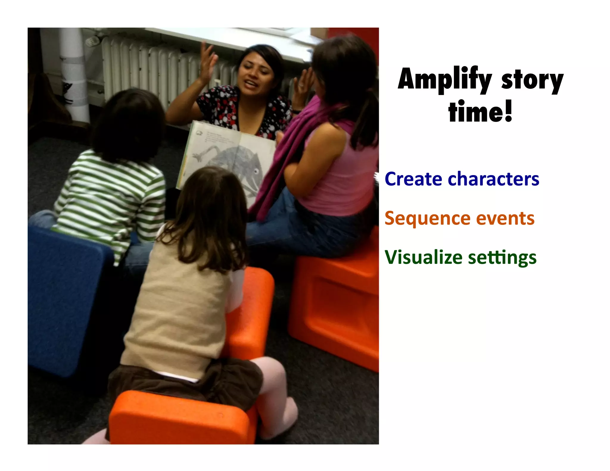 Amplify story
time!
Create	
  characters	
  
Sequence	
  events	
  
Visualize	
  seMngs	
  

 