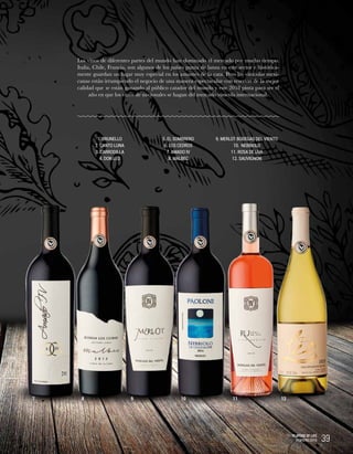 39PLAYERS OF LIFE
FEBRERO 2018
Los vinos de diferentes partes del mundo han dominado el mercado por mucho tiempo.
Italia, Chile, Francia, son algunos de los países punta de lanza en este sector e histórica-
mente guardan un lugar muy especial en los amantes de la cata. Pero las vinícolas mexi-
canas están irrumpiendo el negocio de una manera espectacular con reservas de la mejor
calidad que se están ganando al público catador del mundo y este 2018 pinta para ser el
año en que los vinos de nacionales se hagan del mercado vinícola internacional.
1. BRUNELLO
2. CANTO LUNA
3. CARRODILLA
4. DON LEO
5. EL SOMBRERO
6. LOS CEDROS
7. AMADO IV
8. MALBEC
9. MERLOT BODEGAS DEL VIENTO
10. NEBBIOLO
11. ROSA DE UVA
12. SAUVIGNON
7 109 128 11
 