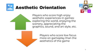 Aesthetic Orientation
Players who score high enjoy
aesthetic experiences in games:
exploring the world, enjoying the
scene...