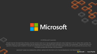 © 2018 Microsoft Corporation.
All rights reserved. Microsoft, Xbox, Windows, and other product names are or may be registered trademarks and/or trademarks in the U.S. and/or other countries. The
information herein is for informational purposes only and represents the current view of Microsoft Corporation as of the date of this presentation. Because Microsoft must
respond to changing market conditions, it should not be interpreted to be a commitment on the part of Microsoft, and Microsoft cannot guarantee the accuracy of any
information provided after the date of this presentation.
MICROSOFT MAKES NO WARRANTIES, EXPRESS, IMPLIED OR STATUTORY, AS TO THE INFORMATION IN THIS PRESENTATION.
 