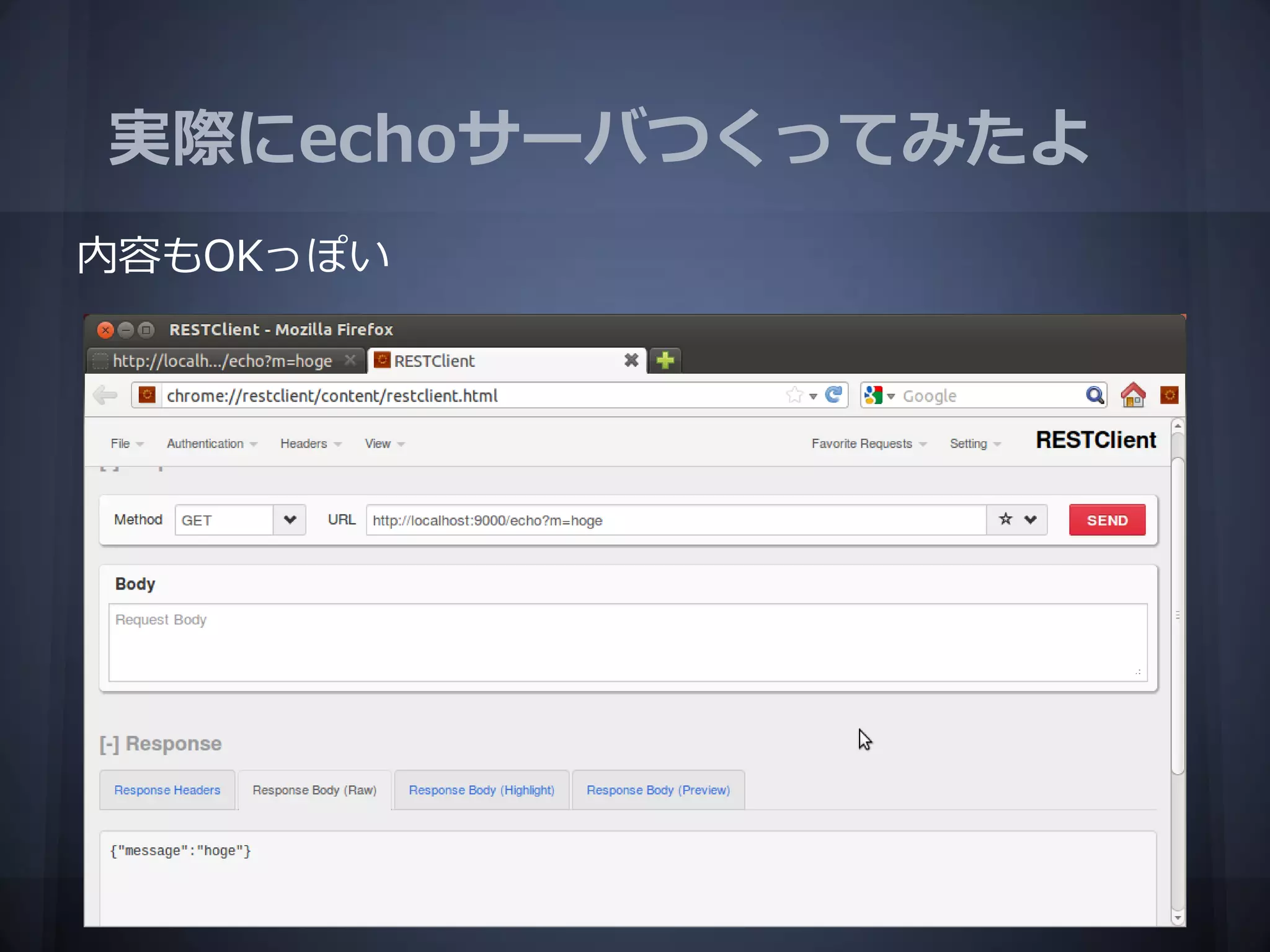 実際にechoサーバつくってみたよ
内容もOKっぽい
 