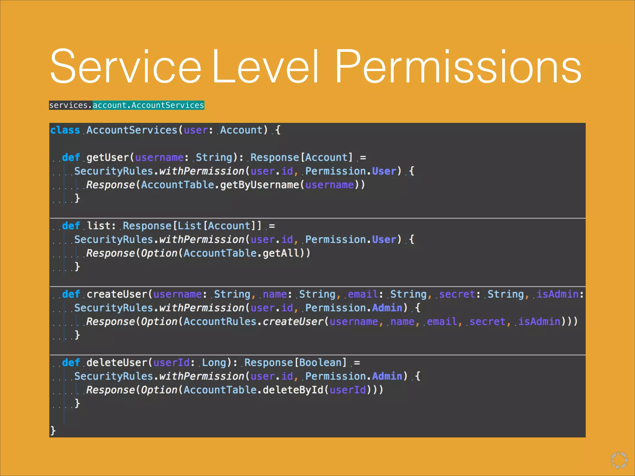 Service Level Permissions
services.account.AccountServices
 
