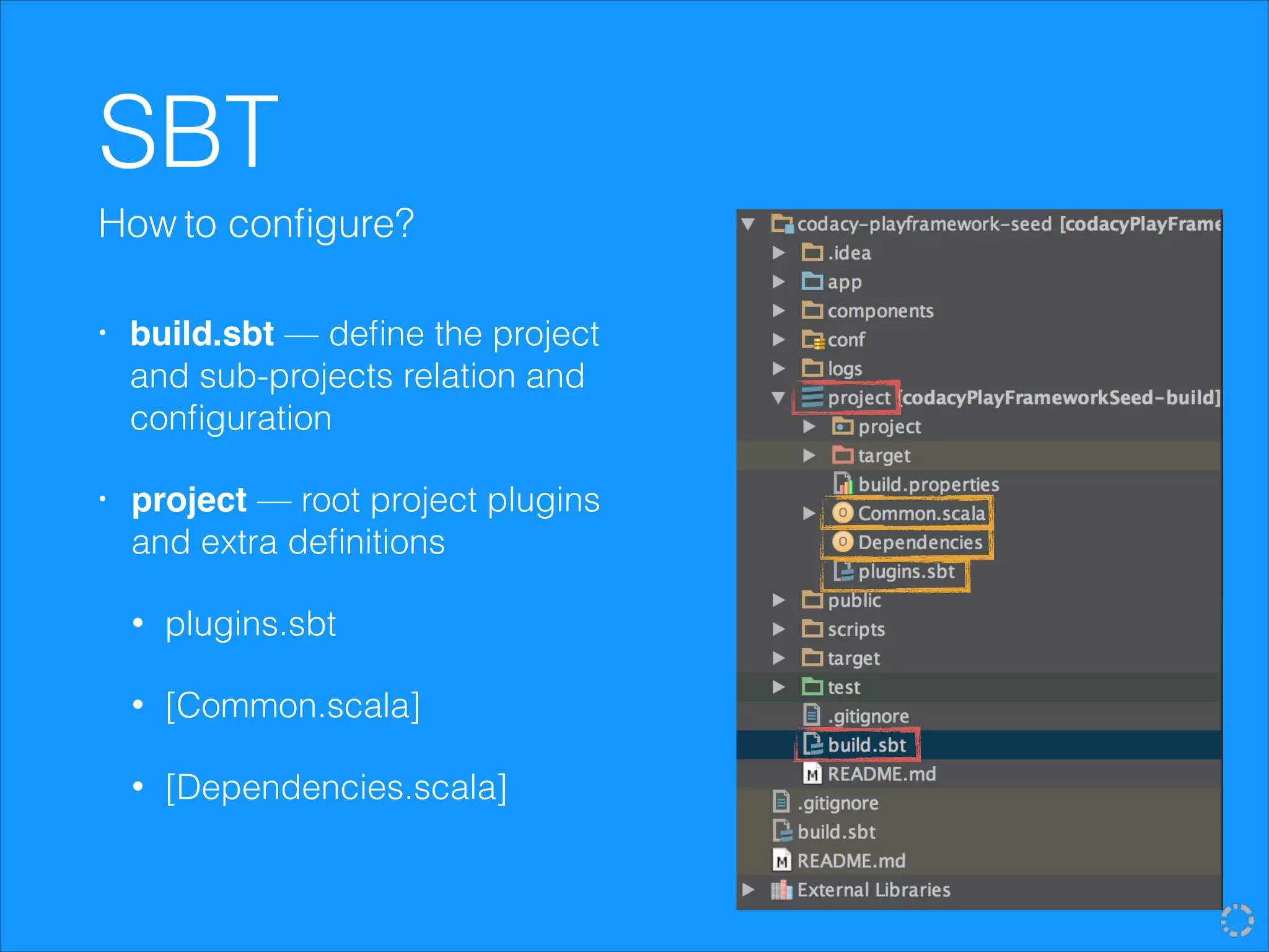 SBT
• build.sbt — deﬁne the project
and sub-projects relation and
conﬁguration!
• project — root project plugins
and extra deﬁnitions!
• plugins.sbt
• [Common.scala]
• [Dependencies.scala]
How to conﬁgure?
 