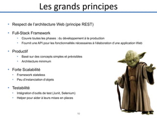 Les grands principes
• Respect de l’architecture Web (principe REST)

• Full-Stack Framework
•
•

Couvre toutes les phases : du développement à la production
Fournit une API pour les fonctionnalités nécessaires à l’élaboration d’une application Web

• Productif
•
•

Basé sur des concepts simples et prévisibles

Architecture minimum

• Forte Scalabilité
•
•

Framework stateless
Peu d’instanciation d’objets

• Testabilité
•
•

Intégration d’outils de test (Junit, Selenium)
Helper pour aider à leurs mises en places

10

 