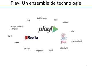 Play! Un ensemble de technologie

Sbt

CoffeeScript

Less
Ebean

Google Closure
Compile
Jdbc
Yaml
Memcached

Akka
Heroku

Selenium

Logback

Junit

9

 