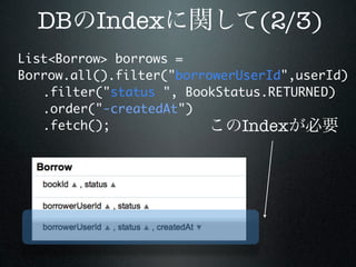 DB Index                  (2/3)
  List<Borrow> borrows =
  Borrow.all().filter("borrowerUserId",userId)
	 	 	 .filter("status ", BookStatus.RETURNED)
	 	 	 .order("-createdAt")
	 	 	 .fetch();	
	   	
                                 Index
 