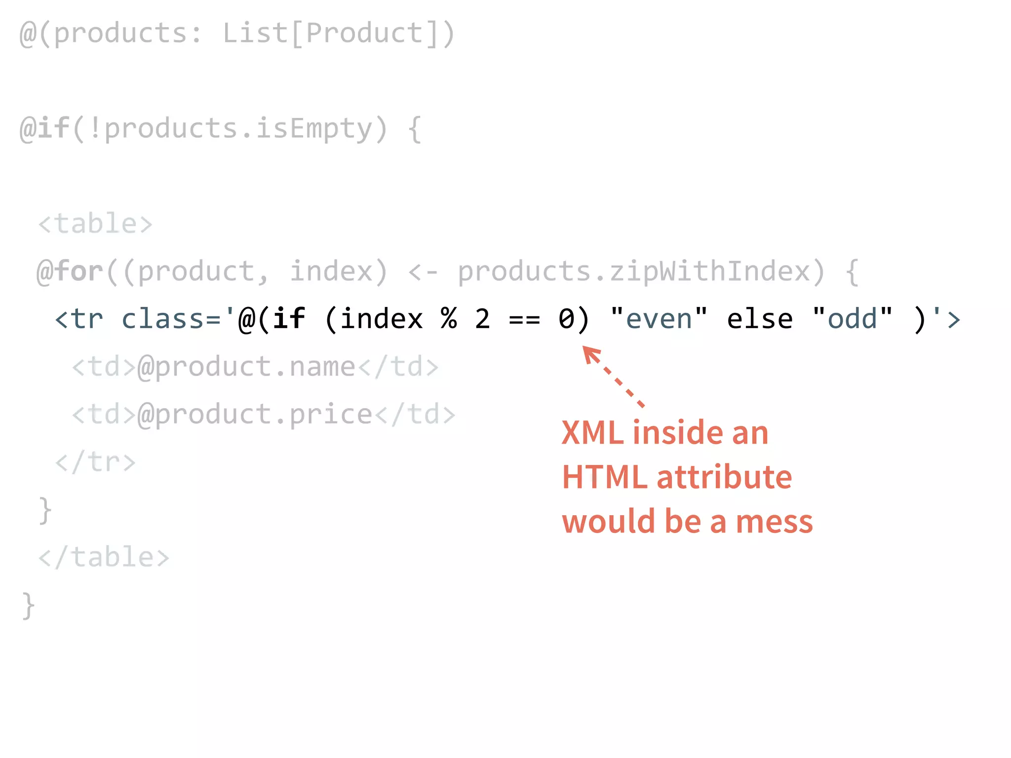 @(! 
products: List[Product]) 
! 
! 
@if(!products.isEmpty) { 
! 
! 
<table> 
! 
@for((product, index) <-­‐ products.zipWithIndex) { 
<tr class='@(if (index % 2 == 0) "even" else "odd" )'> 
<td>@product.name</td> 
<td>@product.price</td> 
</tr> 
} 
</table> 
} 
XML inside an 
HTML attribute 
would be a mess 
 