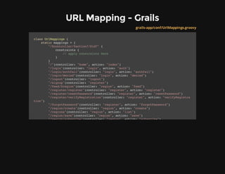 URL Mapping - Grails
grails-app/conf/UrlMappings.groovy
classUrlMappings{
staticmappings={
"/$controller/$action?/$id?"{
constraints{
//applyconstraintshere
}
}
"/"(controller:"home",action:"index")
"/login"(controller:"login",action:"auth")
"/login/authfail"(controller:"login",action:"authfail")
"/login/denied"(controller:"login",action:"denied")
"/logout"(controller:"logout")
"/signup"(controller:"register")
"/feed/$region"(controller:"region",action:"feed")
"/register/register"(controller:"register",action:"register")
"/register/resetPassword"(controller:"register",action:"resetPassword")
"/register/verifyRegistration"(controller:"register",action:"verifyRegistra
tion")
"/forgotPassword"(controller:"register",action:"forgotPassword")
"/region/create"(controller:"region",action:"create")
"/regions"(controller:"region",action:"list")
"/region/save"(controller:"region",action:"save")
"/region/subscribe"(controller:"region",action:"subscribe")
 