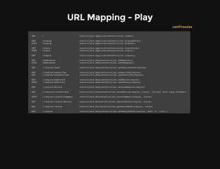 URL Mapping - Play
conf/routes
GET / controllers.ApplicationController.index()
GET /signup controllers.ApplicationController.signupForm()
POST /signup controllers.ApplicationController.signup()
GET /login controllers.ApplicationController.loginForm()
POST /login controllers.ApplicationController.login()
GET /logout controllers.ApplicationController.logout()
GET /addregion controllers.RegionController.addRegion()
POST /addregion controllers.RegionController.saveRegion()
GET /:region/feed controllers.RegionController.getRegionFeed(region)
GET /:region/subscribe controllers.RegionController.subscribe(region)
GET /:region/unsubscribe controllers.RegionController.unsubscribe(region)
GET /:region/addroute controllers.RegionController.addRoute(region)
POST /:region/addroute controllers.RegionController.saveRoute(region)
GET /:region/delete controllers.RegionController.deleteRegion(region)
GET /:region/:route/rate controllers.RouteController.saveRating(region, route, rating: java.lang.Integer)
POST /:region/:route/comment controllers.RouteController.saveComment(region, route)
GET /:region/:route/delete controllers.RouteController.deleteRoute(region, route)
GET /:region/:route controllers.RouteController.getRouteHtml(region, route)
GET /:region controllers.RegionController.getRegionHtml(region, sort ?= "name")
 