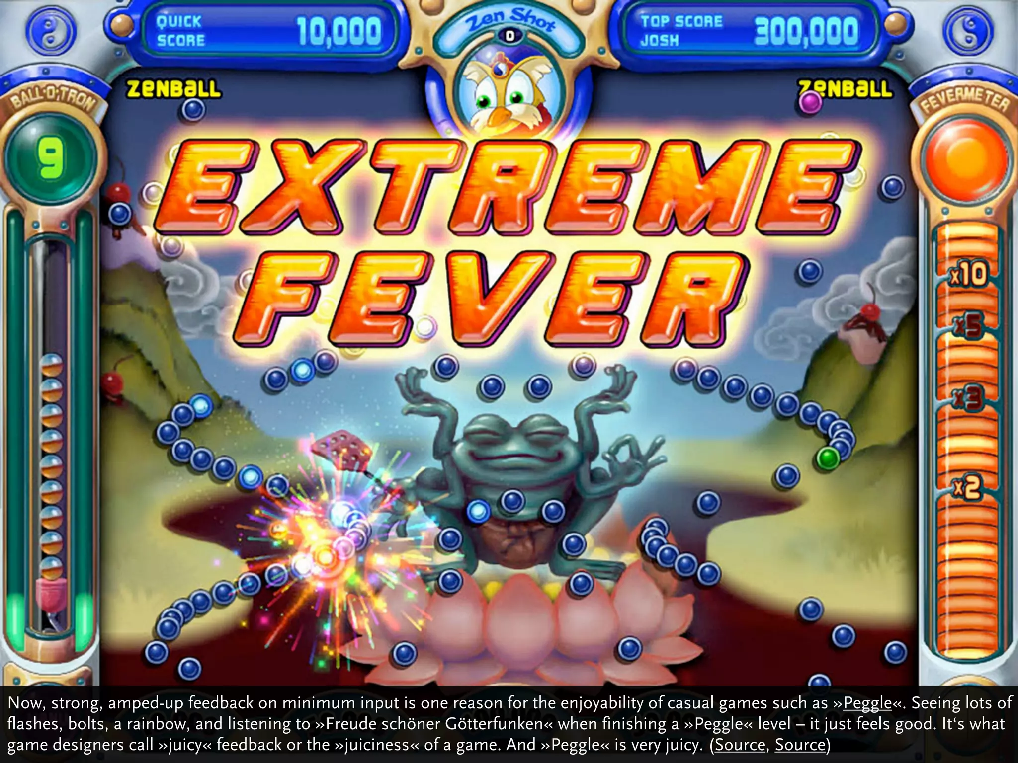 Now, strong, amped-up feedback on minimum input is one reason for the enjoyability of casual games such as »Peggle«. Seeing lots of
flashes, bolts, a rainbow, and listening to »Freude schöner Götterfunken« when finishing a »Peggle« level – it just feels good. It‘s what
game designers call »juicy« feedback or the »juiciness« of a game. And »Peggle« is very juicy. (Source, Source)
 