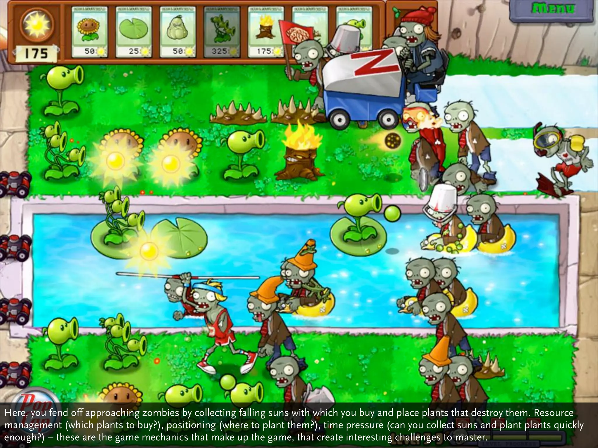 Here, you fend off approaching zombies by collecting falling suns with which you buy and place plants that destroy them. Resource
management (which plants to buy?), positioning (where to plant them?), time pressure (can you collect suns and plant plants quickly
enough?) – these are the game mechanics that make up the game, that create interesting challenges to master.
 