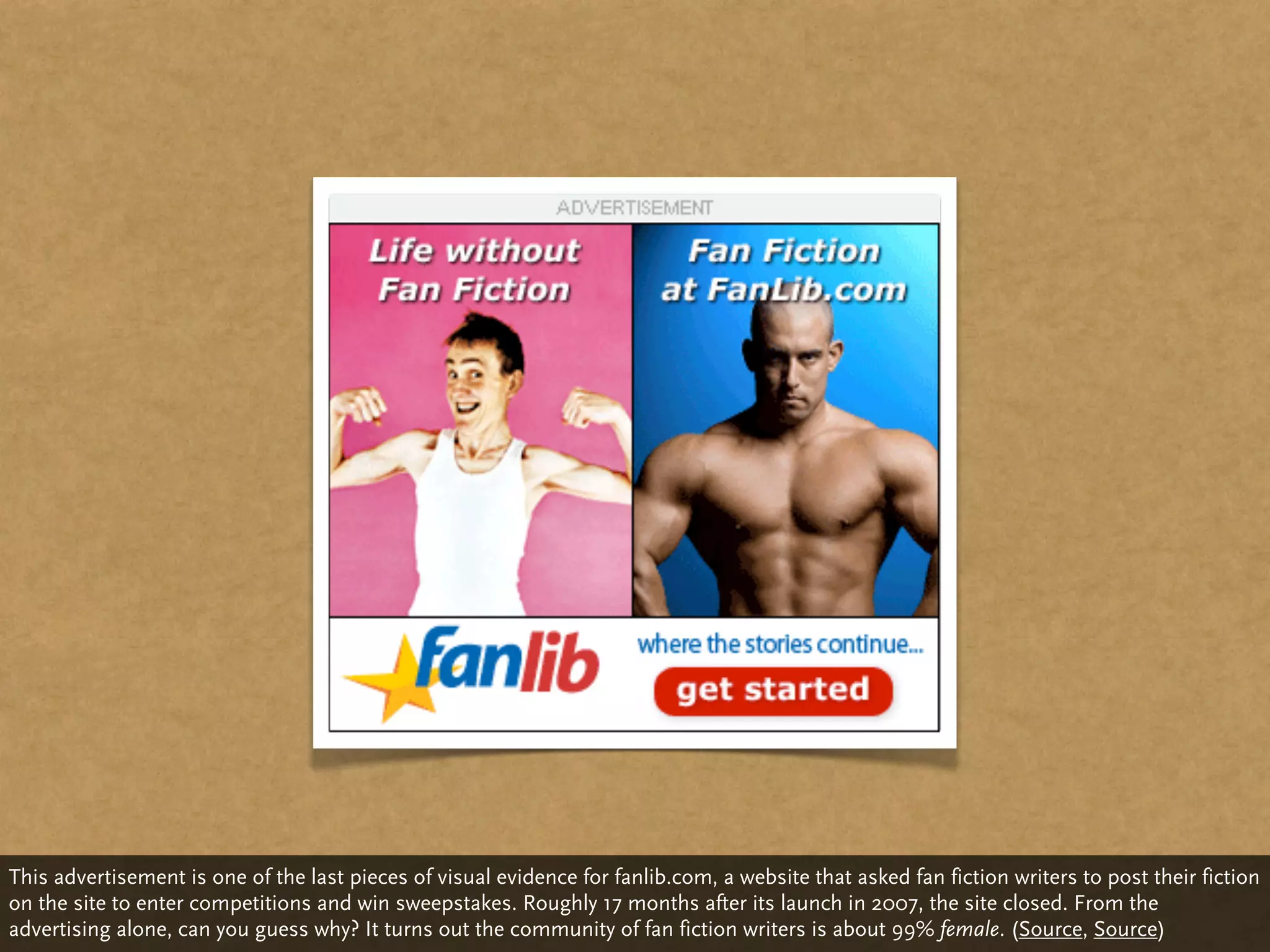This advertisement is one of the last pieces of visual evidence for fanlib.com, a website that asked fan fiction writers to post their fiction
on the site to enter competitions and win sweepstakes. Roughly 17 months after its launch in 2007, the site closed. From the
advertising alone, can you guess why? It turns out the community of fan fiction writers is about 99% female. (Source, Source)
 