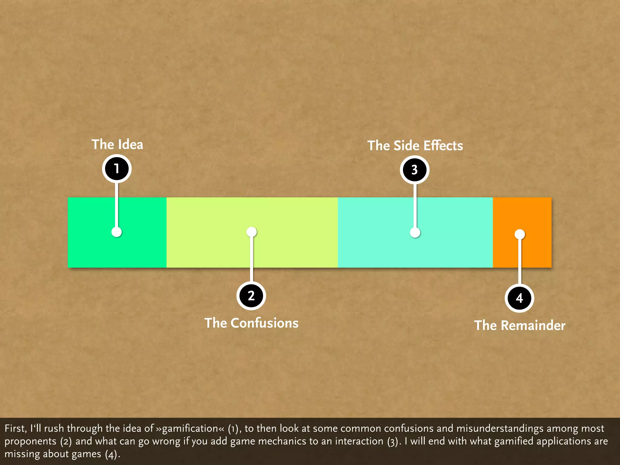 The Idea                                                    The Side Effects
                       1                                                                3




                                                     2                                                         4
                                           The Confusions                                             The Remainder




First, I‘ll rush through the idea of »gamification« (1), to then look at some common confusions and misunderstandings among most
proponents (2) and what can go wrong if you add game mechanics to an interaction (3). I will end with what gamified applications are
missing about games (4).
 