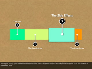 The Side Effects
                   The Idea                                                                 3
                        1




                                                   2                                                               4
                                          The Confusions                                                  The Remainder




Moving on, adding game elements to an application or service might not only fail or quickly loose its appeal: It can also backfire in
unexpected ways.
 