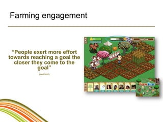 Farming engagement



 “People exert more effort
towards reaching a goal the
  closer they come to the
           goal”
           (Hull 1932)
 