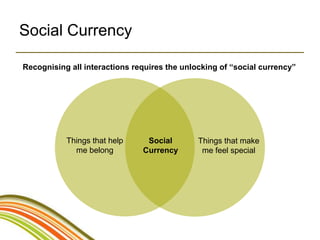 Social Currency

Recognising all interactions requires the unlocking of “social currency”




           Things that help     Social        Things that make
             me belong         Currency        me feel special
 