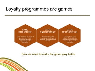 Loyalty programmes are games



        GAME                          GAME                        GAME
      STRUCTURE                    ENGAGEMENT                  RECOGNITION

    Using the basic structure of     Understanding what          Leaning from game
        game design to add         keeps people playing and    reward, recognition and
       additional depth and        engaged across all levels   motivation mechanics to
        engagement to the                  of ability            improve the overall
            interaction                                               interaction




           Now we need to make the game play better
 