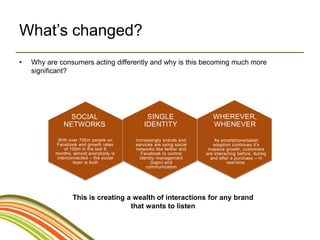 What’s changed?
•   Why are consumers acting differently and why is this becoming much more
    significant?




                SOCIAL                        SINGLE                    WHEREVER,
              NETWORKS                       IDENTITY                   WHENEVER

            With over 700m people on     Increasingly brands and         As smartphone/tablet
           Facebook and growth rates     services are using social      adoption continues it’s
               of 100m in the last 6     networks like twitter and    massive growth, customers
           months, almost everybody is      Facebook to control      are interacting before, during
           interconnected – the social     identity management         and after a purchase – in
                   layer is built                (login) and                   real-time.
                                              communication




                  This is creating a wealth of interactions for any brand
                                    that wants to listen
 