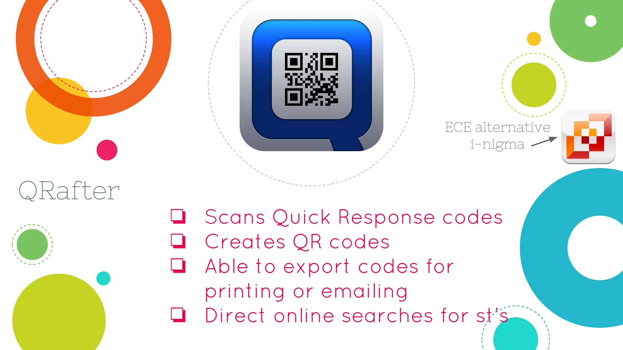 QRafter
❏ Scans Quick Response codes
❏ Creates QR codes
❏ Able to export codes for
printing or emailing
❏ Direct online searches for st’s
ECE alternative
i-nigma
 