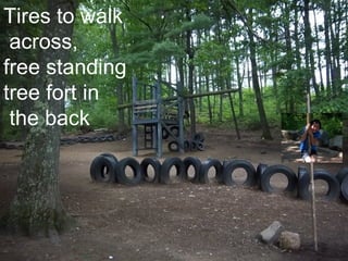 Tires to walk
across,
Tires to walk
free standing
across,
tree fort standing
free in
the back
tree fort in
the back