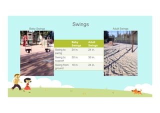 Swings
Baby Swings

Adult Swings

Baby
Swings

Adult
Swings

Swing to
swing

24 in.

24 in.

Swing to
support

30 in.

30 in.

Swing from
ground

18 in.

24 in.

 