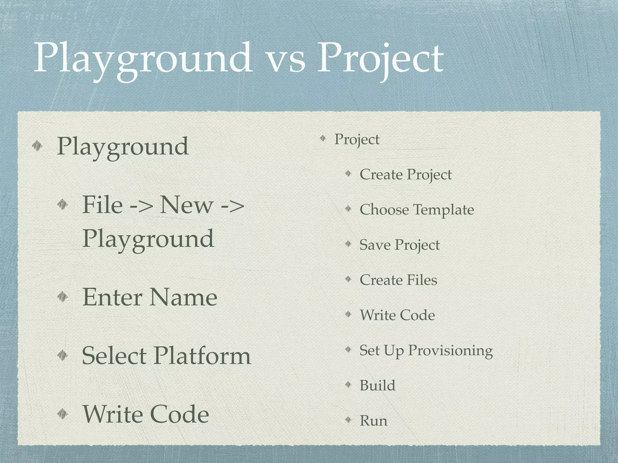 Playground vs Project
Playground
File -> New ->
Playground
Enter Name
Select Platform
Write Code
Project
Create Project
Choose Template
Save Project
Create Files
Write Code
Set Up Provisioning
Build
Run
 
