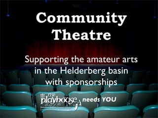 Community
Theatre
Supporting the amateur arts
in the Helderberg basin
with sponsorships
needs YOU
 