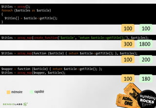 $titles = array();
foreach ($articles as $article)
{
  $titles[] = $article->getTitle();
}

                                                                            100         100
$titles = array_map(create_function('$article', 'return $article->getTitle();'), $articles);

                                                                            300         1800
$titles = array_map(function ($article) { return $article->getTitle(); }, $articles);

                                                                            100         200
$mapper = function ($article) { return $article->getTitle(); };
$titles = array_map($mapper, $articles);

                                                                            100         180

      mémoire       rapidité
 