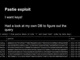 Pastie exploit
I want keys!

Had a look at my own DB to figure out the
query
 