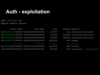 Auth - exploitation
gdb$ info proc map
Mapped address spaces:

        Start Addr              End Addr      Size   Offset   objfile
0x0000000000 400000   0x0000000000403000    0x3000      0x0   /services/auth/auth
0x0000000000 602000   0x0000000000603000    0x1000   0x2000   /services/auth/auth
0x0000000000 603000   0x0000000000604000    0x1000   0x3000   /services/auth/auth
0x0000000000 604000   0x0000000000625000   0x21000      0x0   [heap]
          ........              ........   .......      ...   ......
0x00007ffffffde000    0x00007ffffffff000   0x21000      0x0   [stack]
0xffffffffff600000    0xffffffffff601000    0x1000      0x0   [vsyscall] (read-only)
 
