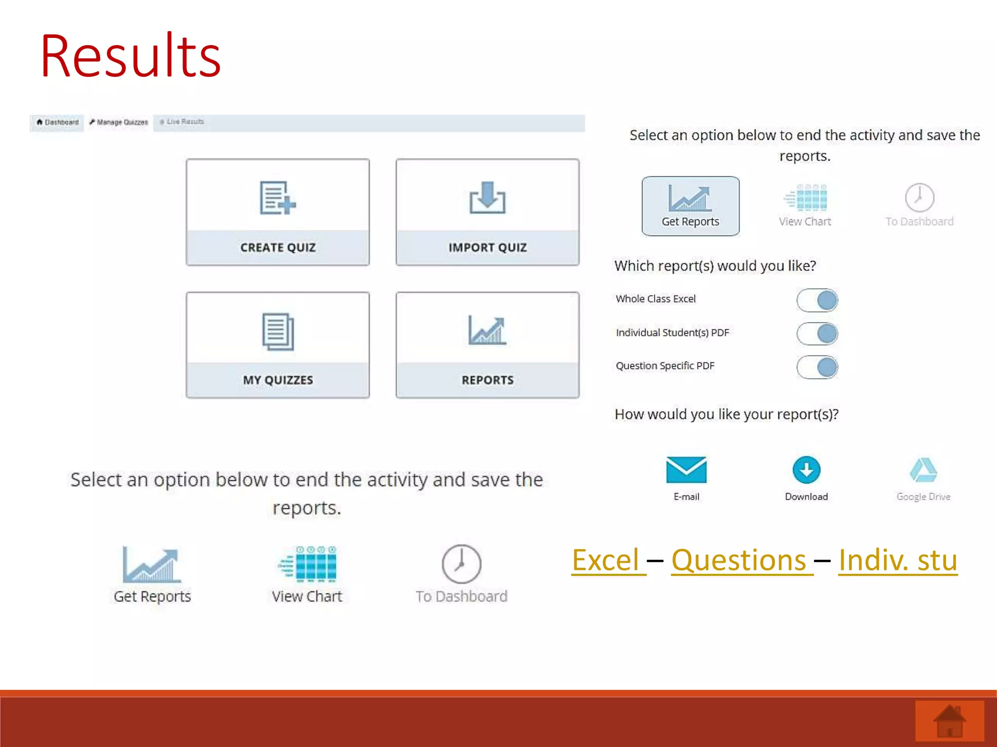 Results
Excel – Questions – Indiv. stu
 