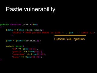 Pastie vulnerability
Classic SQL injection
 