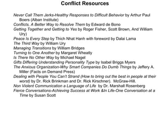 Conflict Resources Never Call Them Jerks-Healthy Responses to Difficult Behavior  by Arthur Paul Boers (Alban Institute) Conflicts, A Better Way to Resolve Them  by Edward de Bono Getting Together and Getting to Yes  by Roger Fisher, Scott Brown, And William Ury) Peace Is Every Step  by Thich Nhat Hanh with foreword by Dalai Lama The Third Way  by William Ury Managing Transitions  by William Bridges Turning to One Another  by Margaret Wheatly Is There No Other Way  by Michael Nagel Gifts Differing Understanding Personality Type  by Isabel Briggs Myers The Anxious Organization-Why Smart Companies Do Dumb Things  by Jeffery A. Miller (Facts on Demand Press) Dealing with People You Can’t Strand (How to bring out the best in people at their worst)  by Dr. Rick Brinkman and Dr. Rick Kirschner).  McGraw-Hill. Non Violent Communication a Language of Life  by Dr. Marshall Rosenberg Fierce Conversations-Achieving Success at Work &In Life-One Conversation at a Time  by Susan Scott 