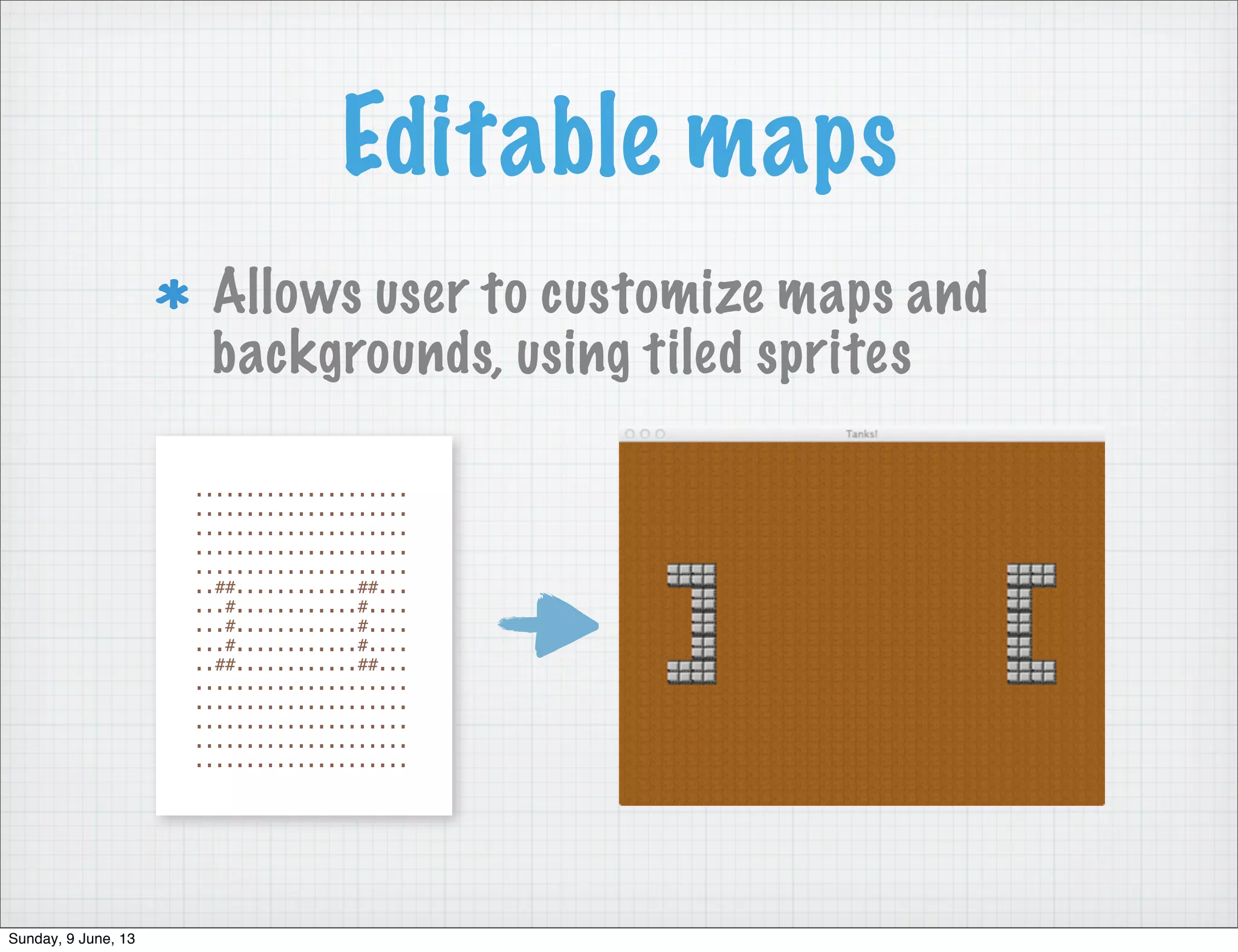 Editable maps
Allows user to customize maps and
backgrounds, using tiled sprites
.....................
.....................
.....................
.....................
.....................
..##............##...
...#............#....
...#............#....
...#............#....
..##............##...
.....................
.....................
.....................
.....................
.....................
Sunday, 9 June, 13
 