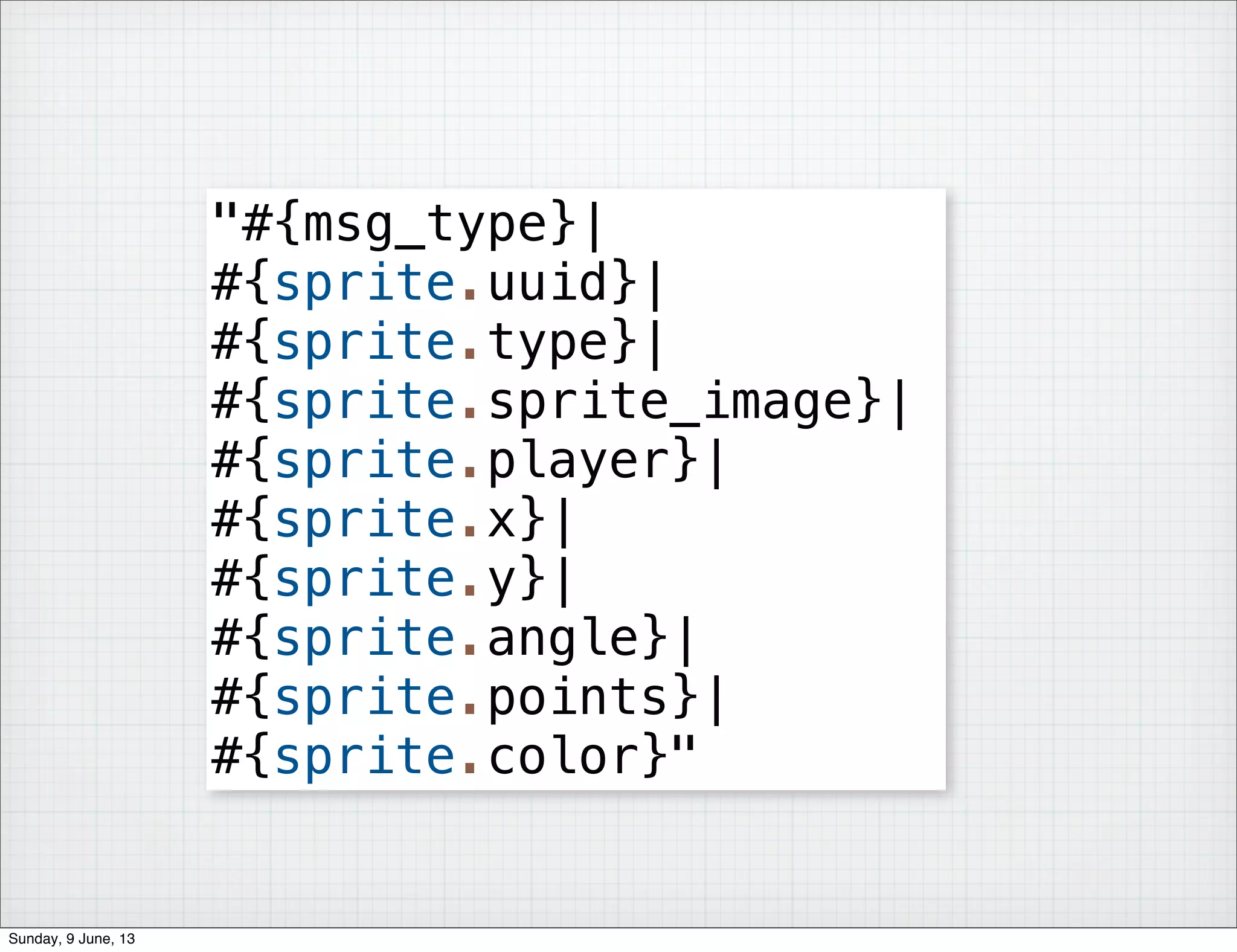 "#{msg_type}|
#{sprite.uuid}|
#{sprite.type}|
#{sprite.sprite_image}|
#{sprite.player}|
#{sprite.x}|
#{sprite.y}|
#{sprite.angle}|
#{sprite.points}|
#{sprite.color}"
Sunday, 9 June, 13
 