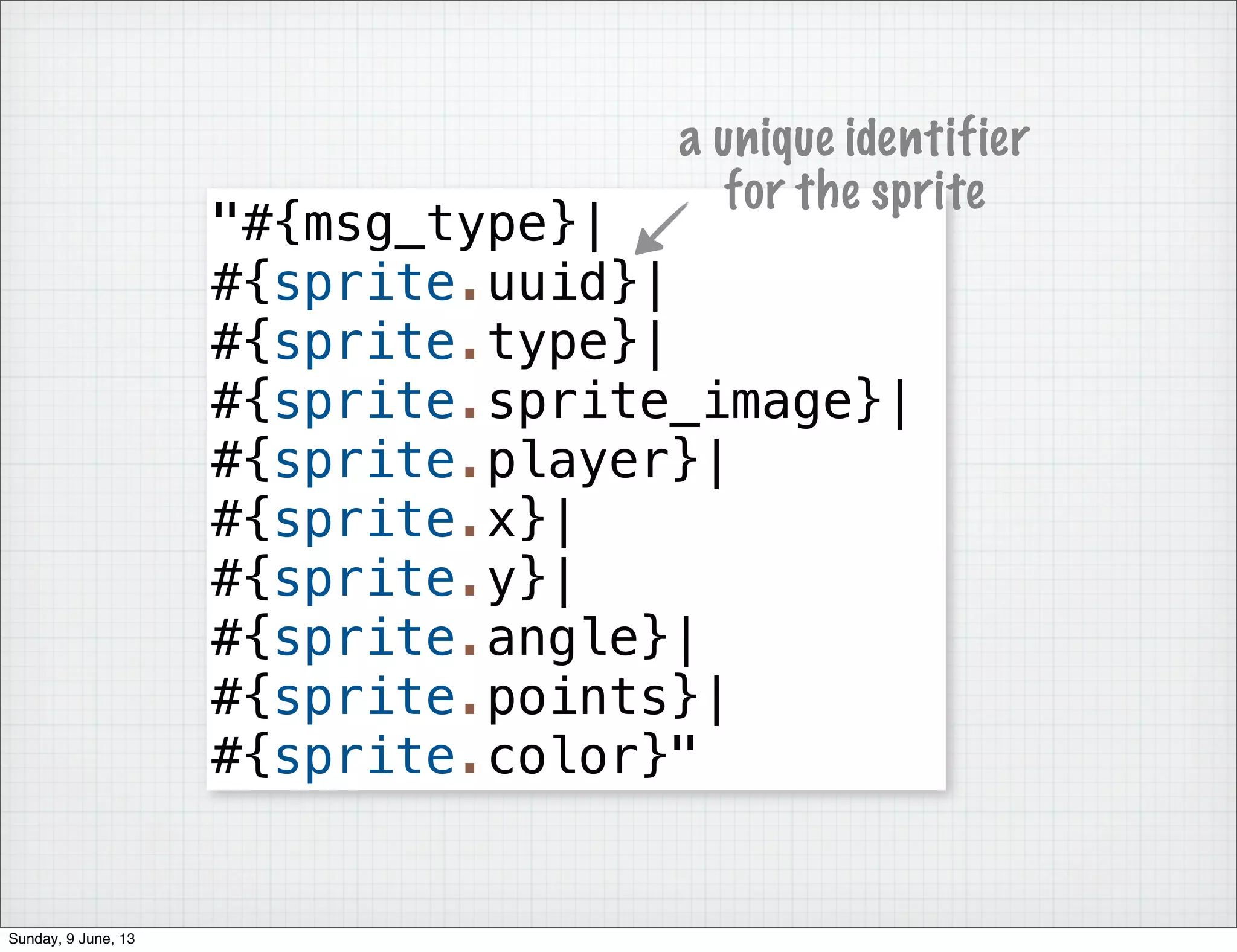 "#{msg_type}|
#{sprite.uuid}|
#{sprite.type}|
#{sprite.sprite_image}|
#{sprite.player}|
#{sprite.x}|
#{sprite.y}|
#{sprite.angle}|
#{sprite.points}|
#{sprite.color}"
a unique identifier
for the sprite
Sunday, 9 June, 13
 