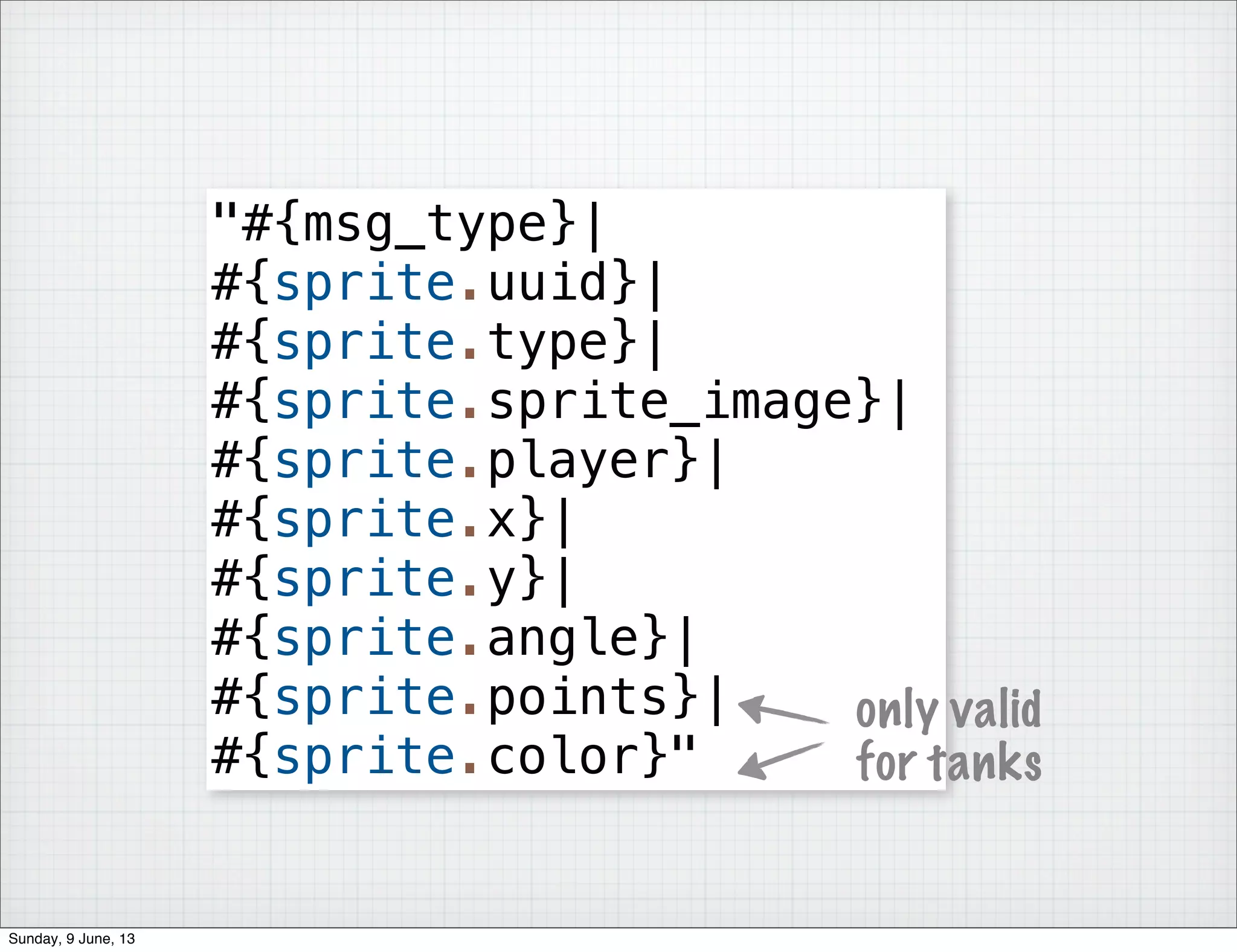 "#{msg_type}|
#{sprite.uuid}|
#{sprite.type}|
#{sprite.sprite_image}|
#{sprite.player}|
#{sprite.x}|
#{sprite.y}|
#{sprite.angle}|
#{sprite.points}|
#{sprite.color}"
only valid
for tanks
Sunday, 9 June, 13
 