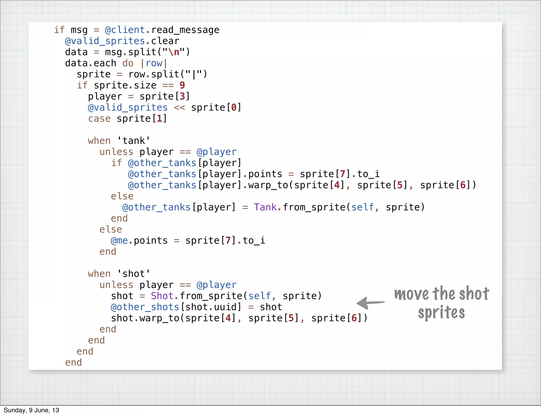 if msg = @client.read_message
@valid_sprites.clear
data = msg.split("n")
data.each do |row|
sprite = row.split("|")
if sprite.size == 9
player = sprite[3]
@valid_sprites << sprite[0]
case sprite[1]
when 'tank'
unless player == @player
if @other_tanks[player]
@other_tanks[player].points = sprite[7].to_i
@other_tanks[player].warp_to(sprite[4], sprite[5], sprite[6])
else
@other_tanks[player] = Tank.from_sprite(self, sprite)
end
else
@me.points = sprite[7].to_i
end
when 'shot'
unless player == @player
shot = Shot.from_sprite(self, sprite)
@other_shots[shot.uuid] = shot
shot.warp_to(sprite[4], sprite[5], sprite[6])
end
end
end
end
move the shot
sprites
Sunday, 9 June, 13
 