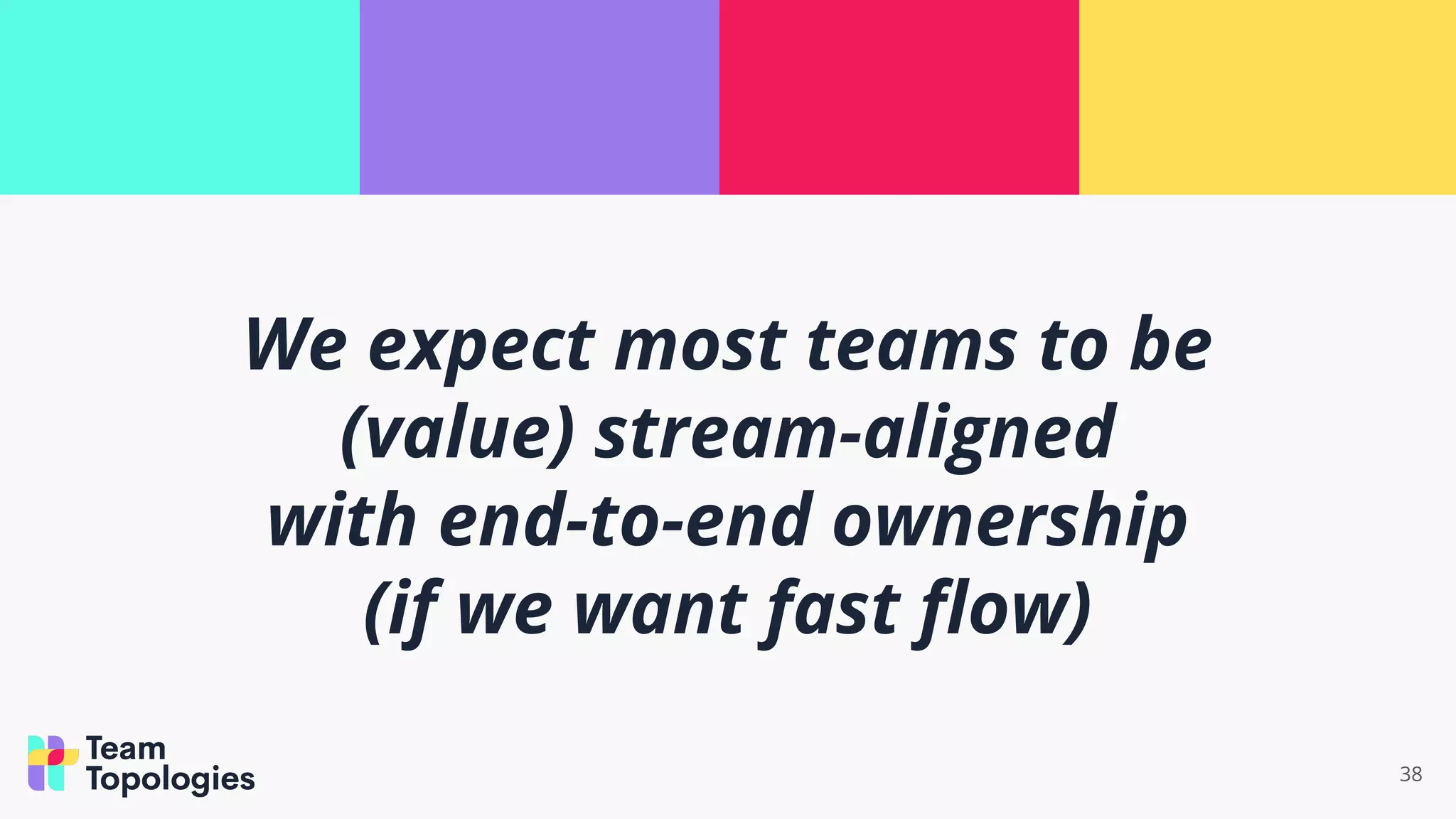 38
We expect most teams to be
(value) stream-aligned
with end-to-end ownership
(if we want fast ﬂow)
 