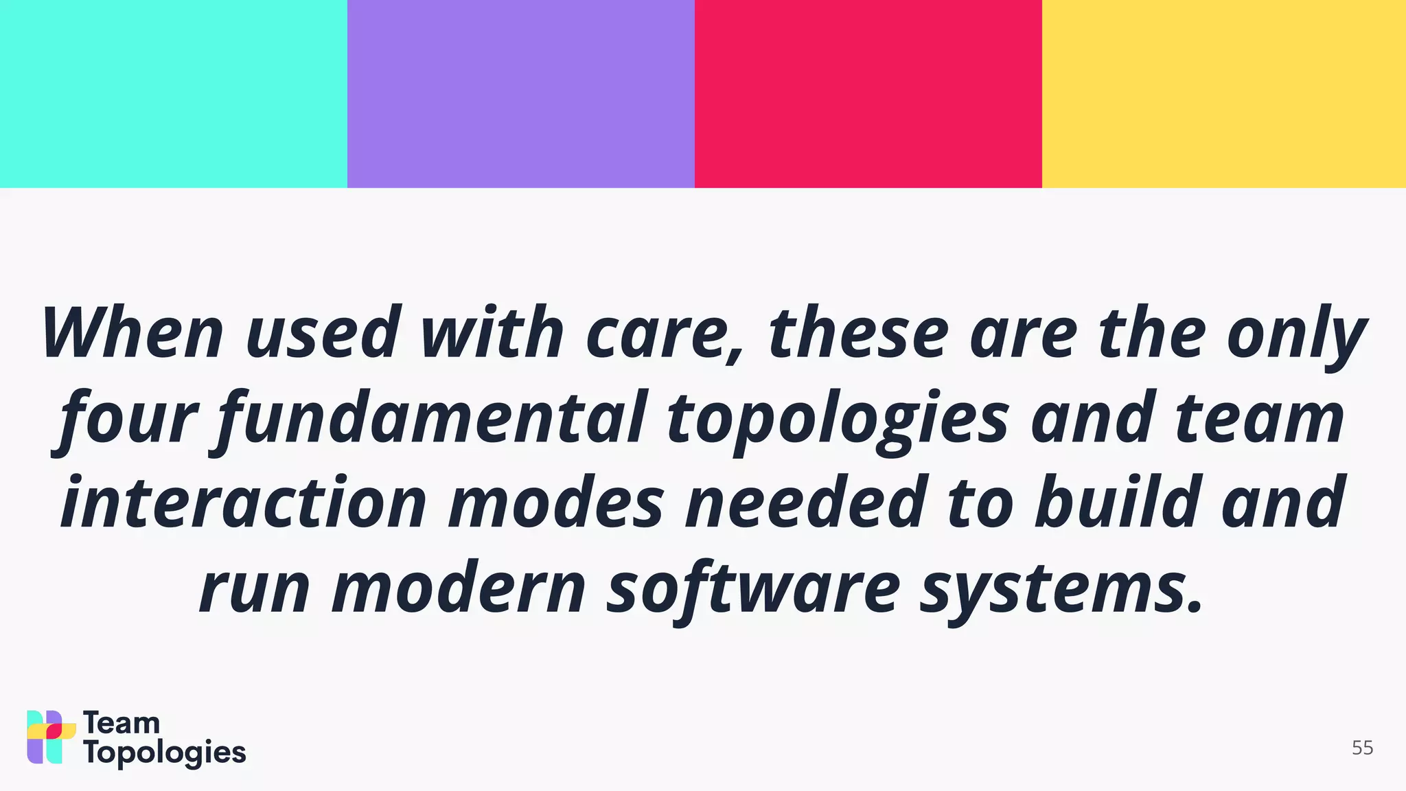 55
When used with care, these are the only
four fundamental topologies and team
interaction modes needed to build and
run modern software systems.
 