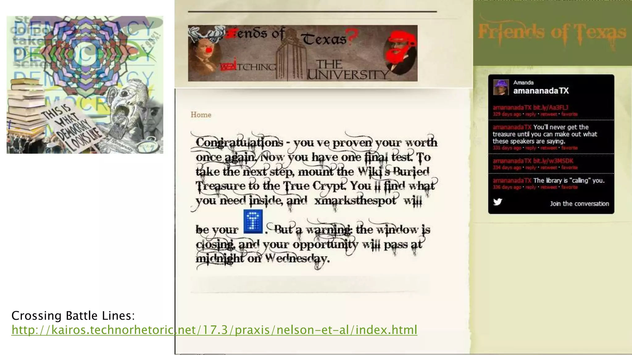 Crossing Battle Lines:
http://kairos.technorhetoric.net/17.3/praxis/nelson-et-al/index.html
 