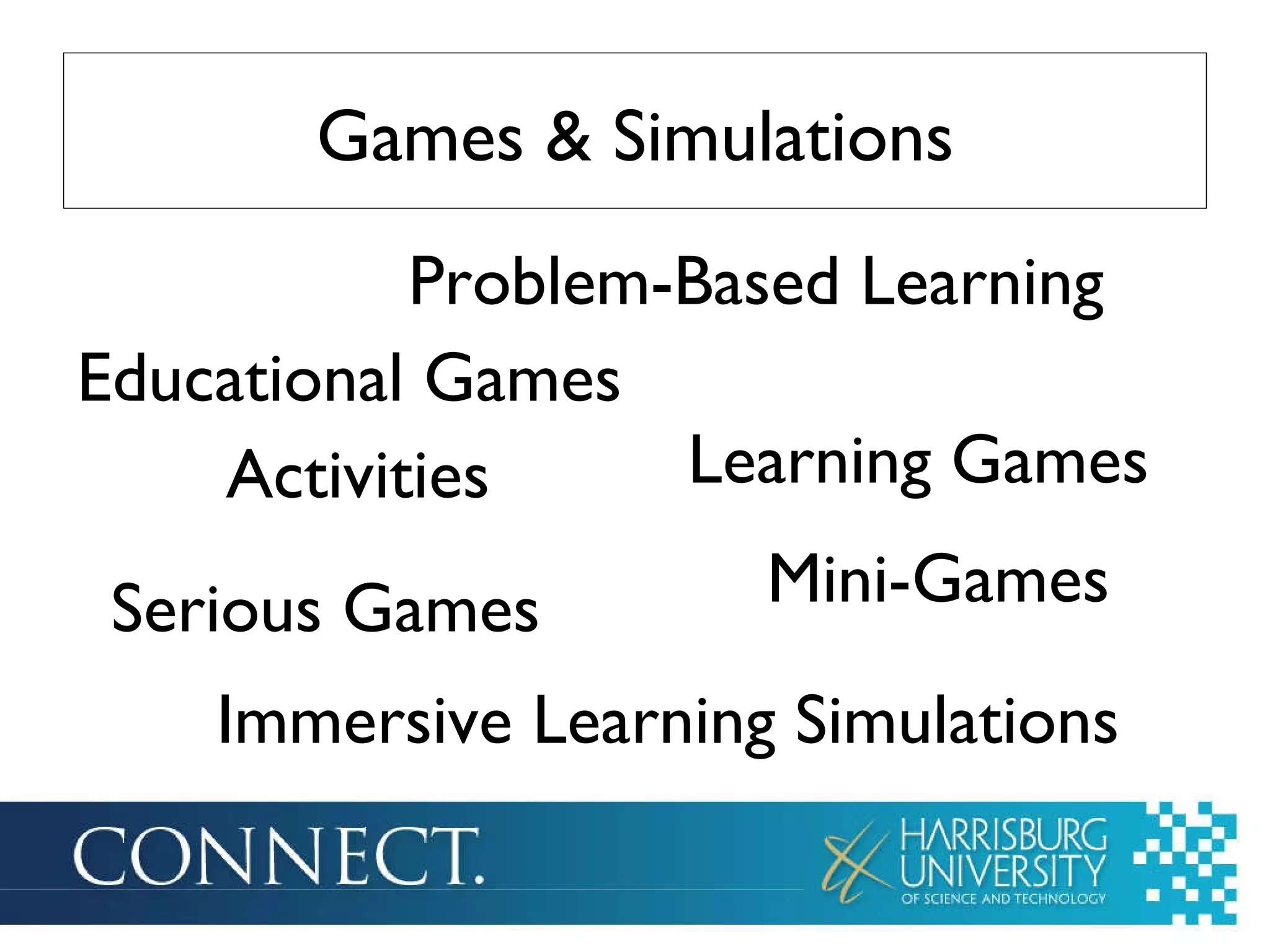 Games & Simulations Problem-Based Learning Activities Serious Games Immersive Learning Simulations Learning Games Mini-Games Educational Games 