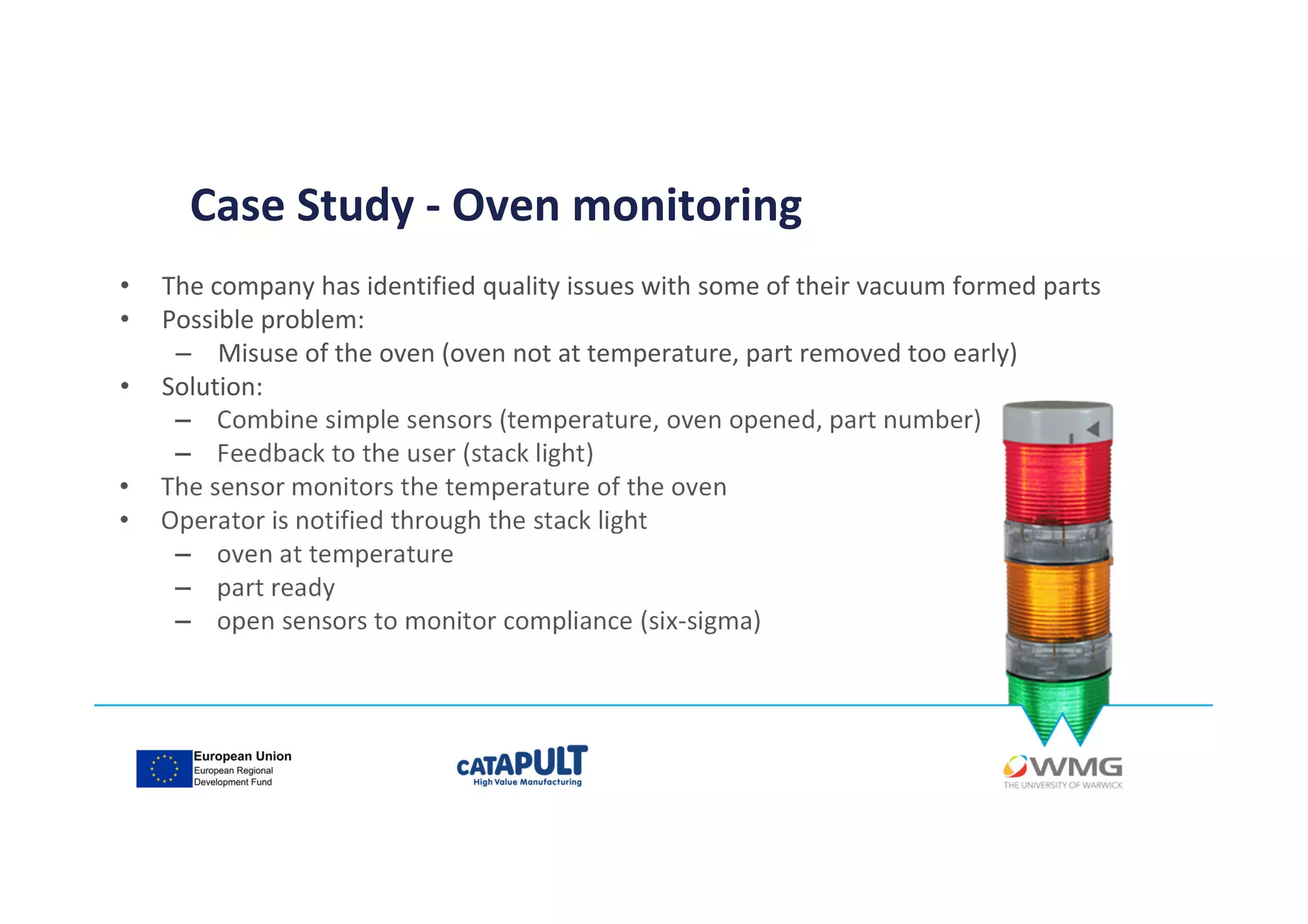 • The company has identified quality issues with some of their vacuum formed parts
• Possible problem:
– Misuse of the oven (oven not at temperature, part removed too early)
• Solution:
– Combine simple sensors (temperature, oven opened, part number)
– Feedback to the user (stack light)
• The sensor monitors the temperature of the oven
• Operator is notified through the stack light
– oven at temperature
– part ready
– open sensors to monitor compliance (six-sigma)
Case Study - Oven monitoring
 